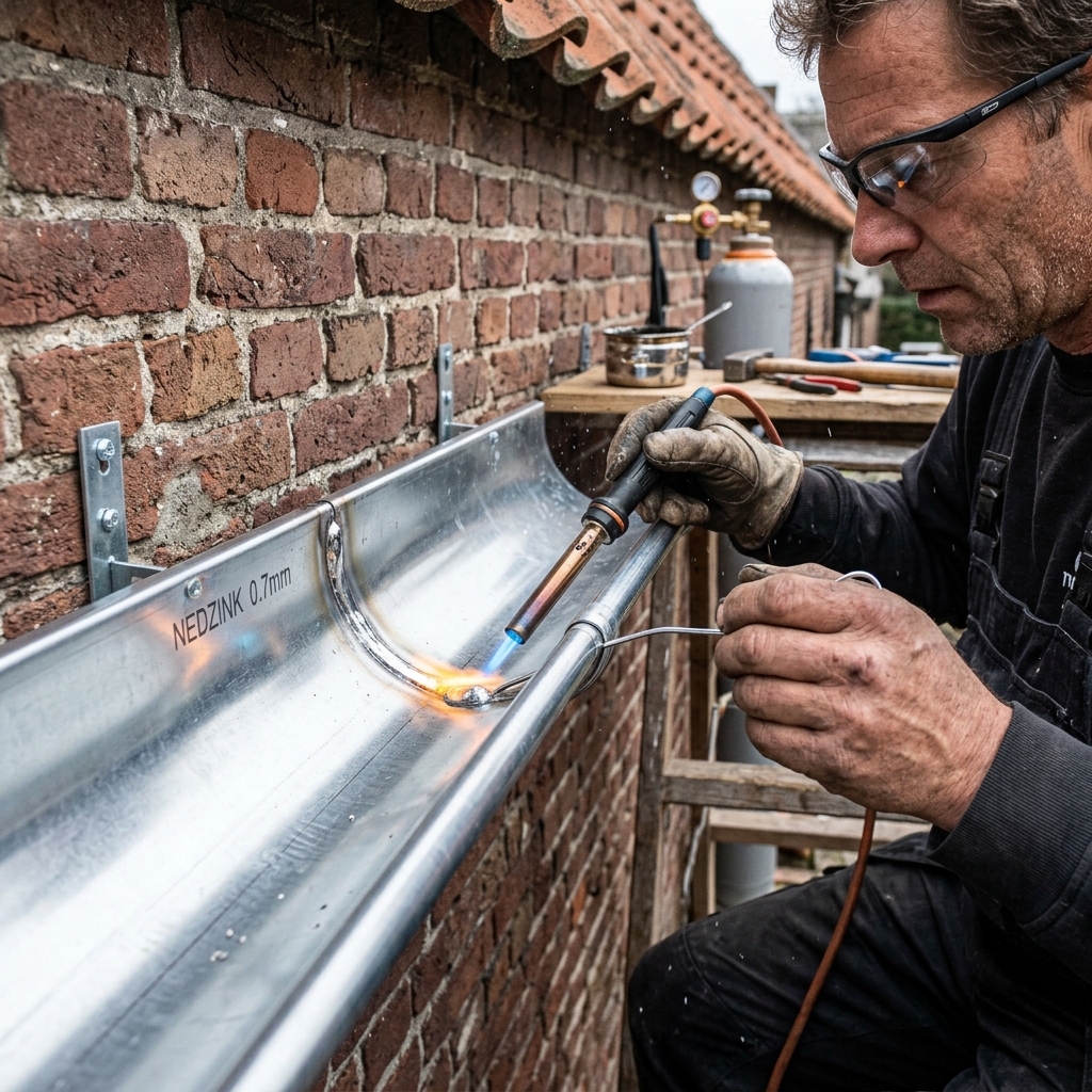 Zinkwerker soldeert een nieuwe zinken dakgoot